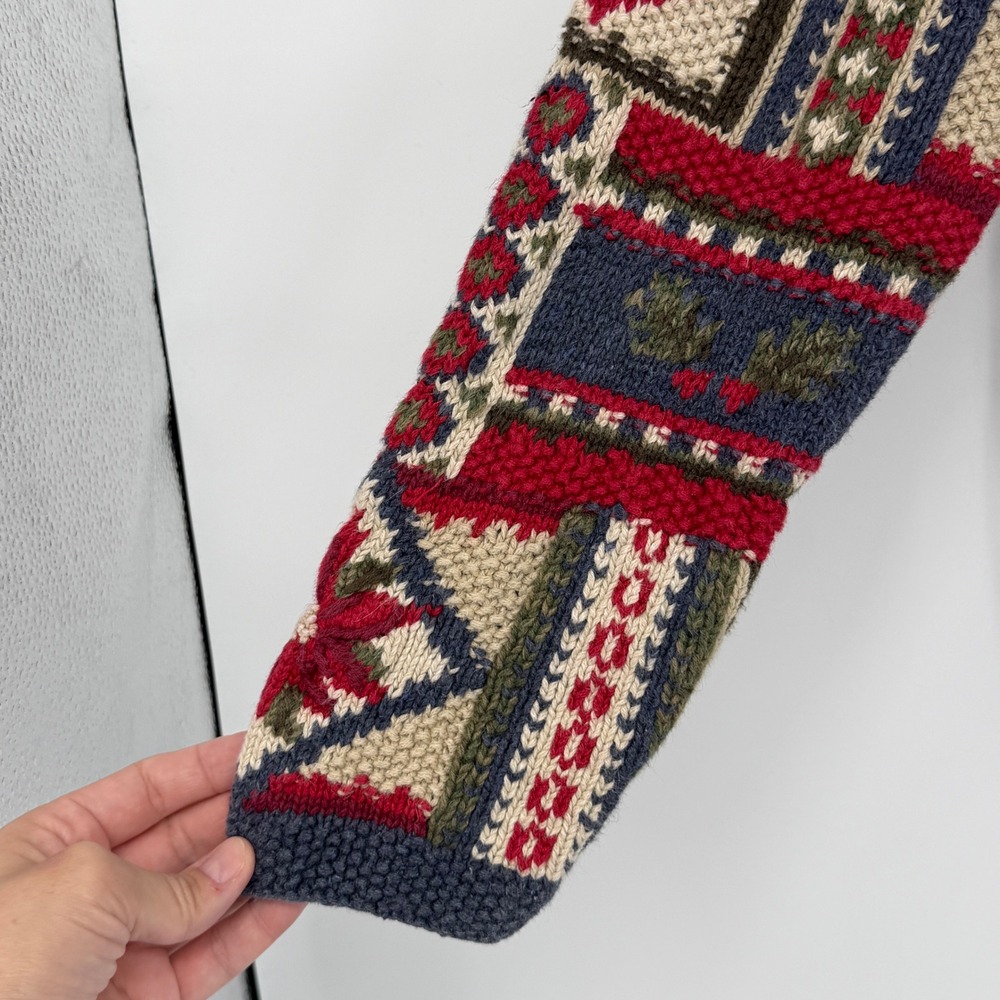 Vintage Talbots Hand Knit Christmas Cardigan L Patchwork Ramie Cotton